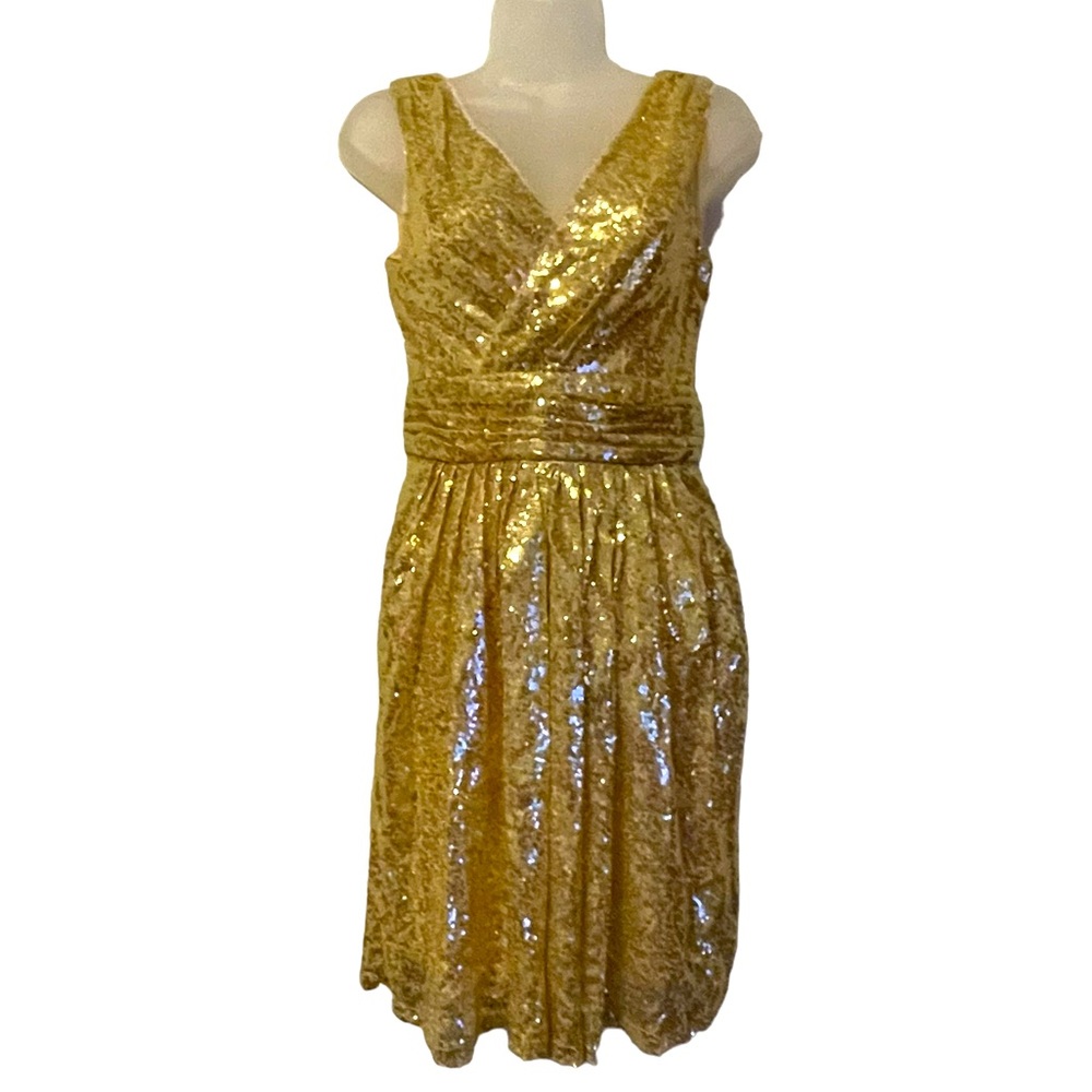Kate Kasin Sequined Dress V-Neck Backless Gold Women’s Size 4 Waistband Lined